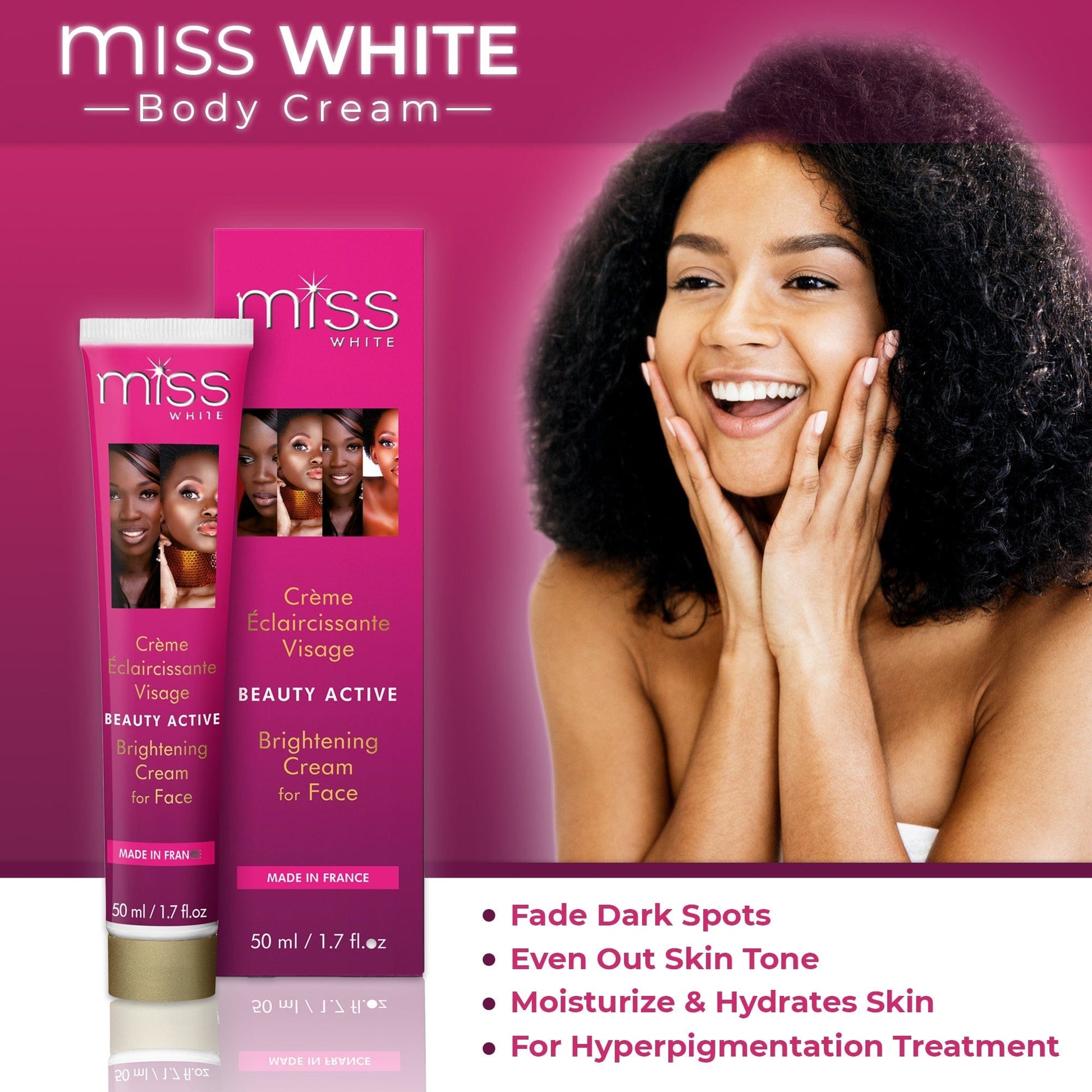 F&W Miss White Beauty Crema Aclarante 50ml NHQ Mitchell Brands - Mitchell Brands - Aclarar la piel, aclarar la piel, desvanecer manchas oscuras, manteca de karité, productos para el crecimiento del cabello