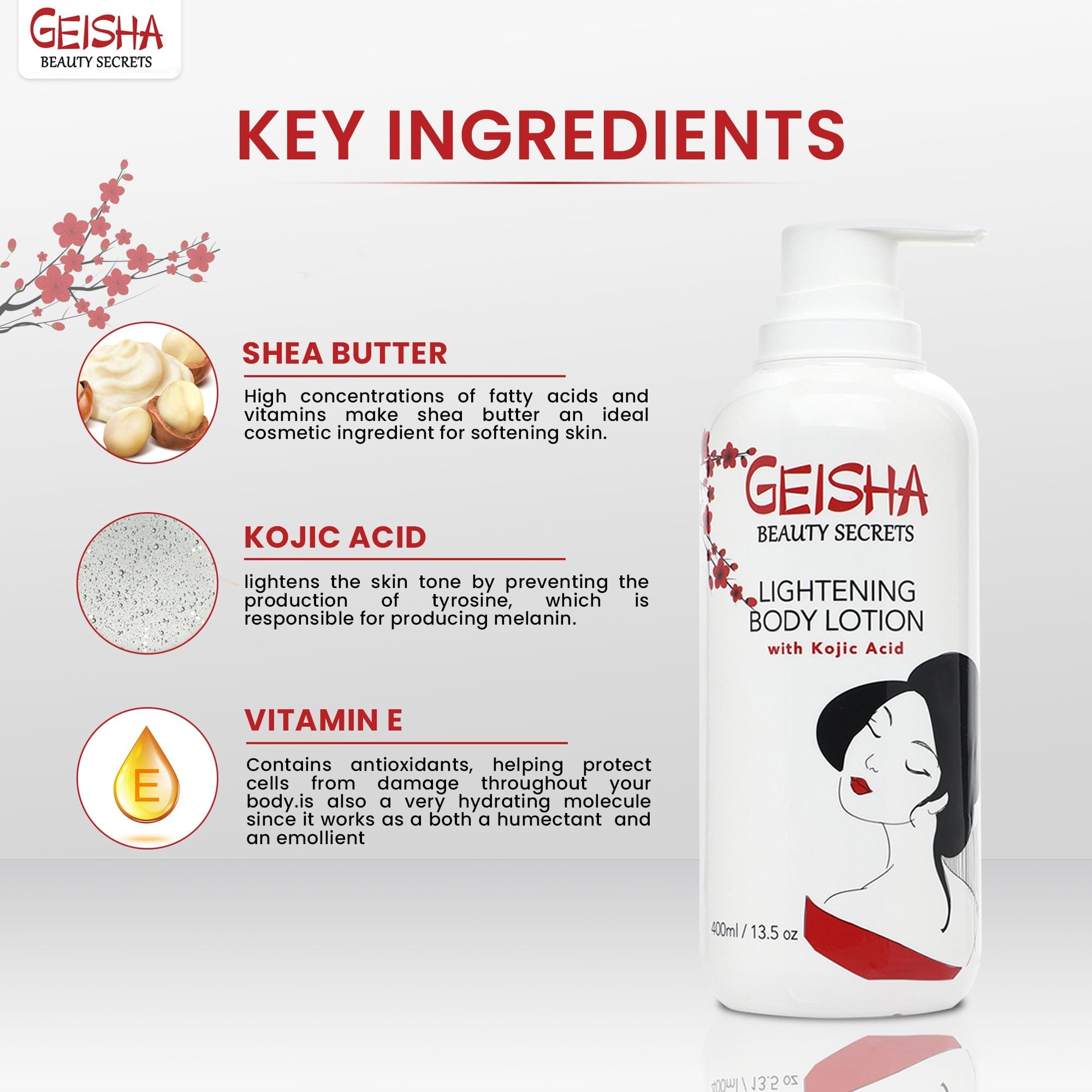 Geisha Beauty Secrets Brightening Body Lotion with Kojic Acid - 400ml / 13 fl oz Mitchell Brands - Mitchell Brands - Skin Lightening, Skin Brightening, Fade Dark Spots, Shea Butter, Hair Growth Products