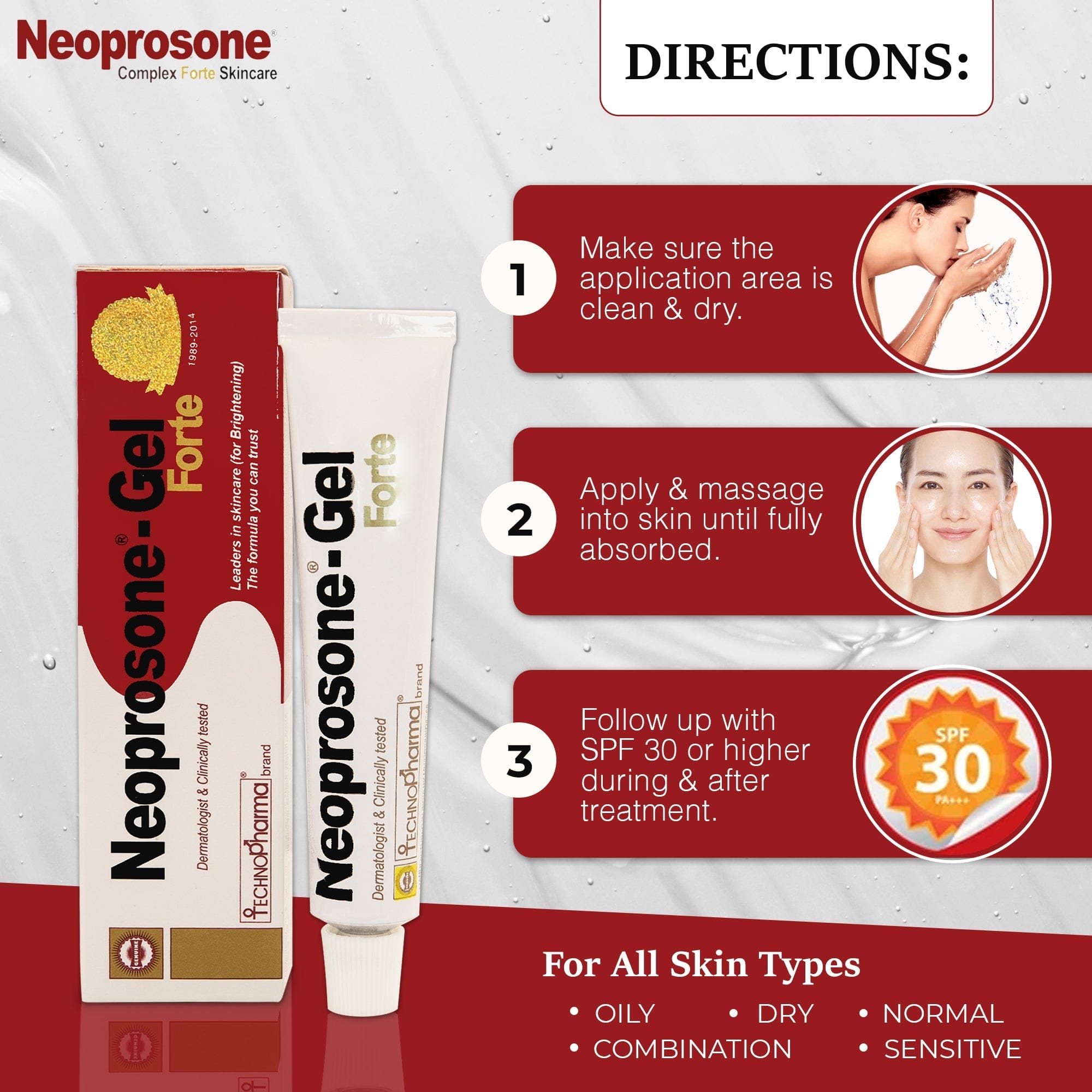 Neoprosone Brightening Gel - Moisturizer Cream Gel - 30g / 1 oz Neoprosone Technopharma - Mitchell Brands - Hautaufhellung, Hautaufhellung, Verblassen dunkler Flecken, Shea Butter, Haarwuchsmittel