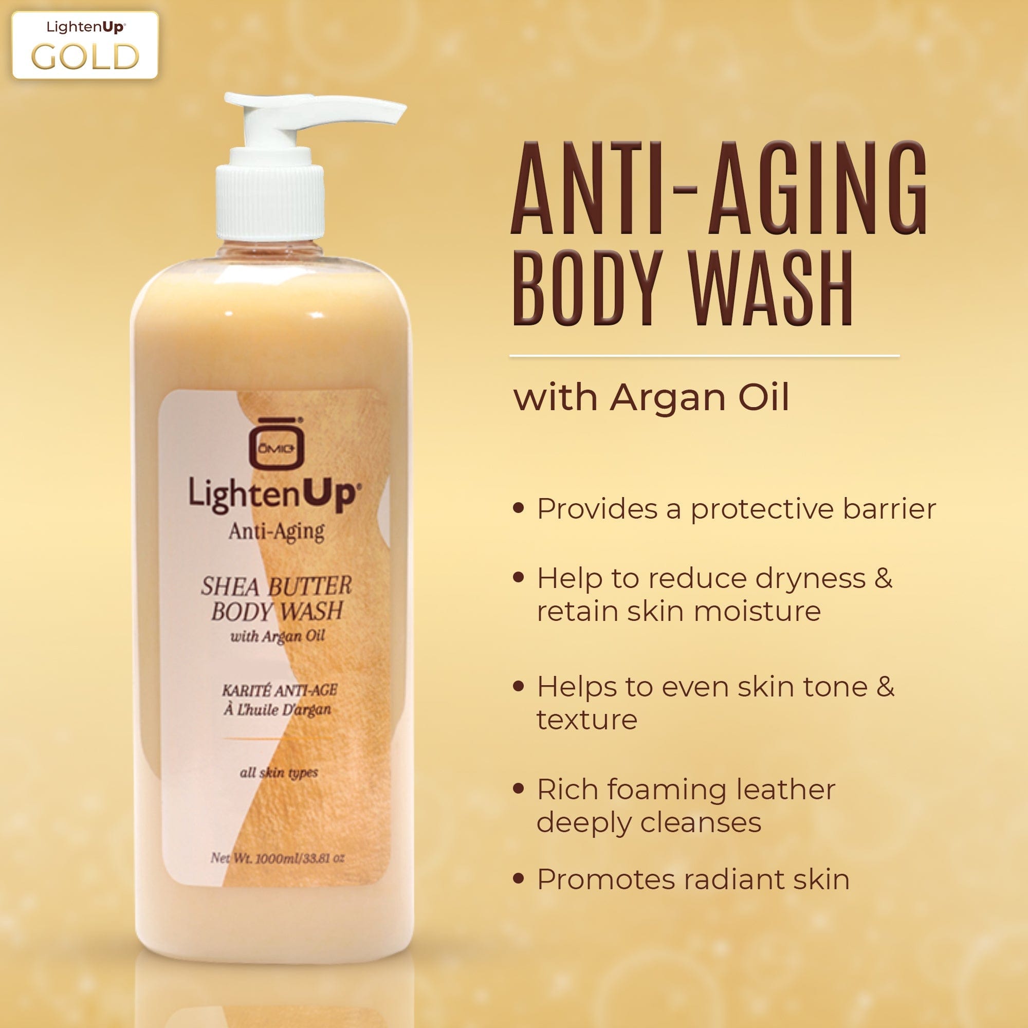 Omic Lighten Up Anti-Aging Shower Gel - 1000ml LightenUp - Mitchell Brands - Skin Lightening, Skin Brightening, Fade Dark Spots, Shea Butter, Hair Growth Products