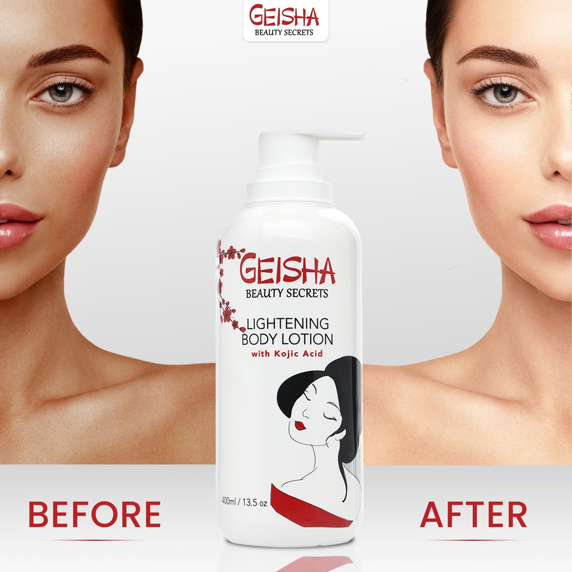 Geisha Beauty Secrets Brightening Body Lotion mit Kojic Acid - 400ml / 13 fl oz Mitchell Brands - Mitchell Brands - Hautaufhellung, Hautaufhellung, Verblassen dunkler Flecken, Shea Butter, Haarwuchsmittel