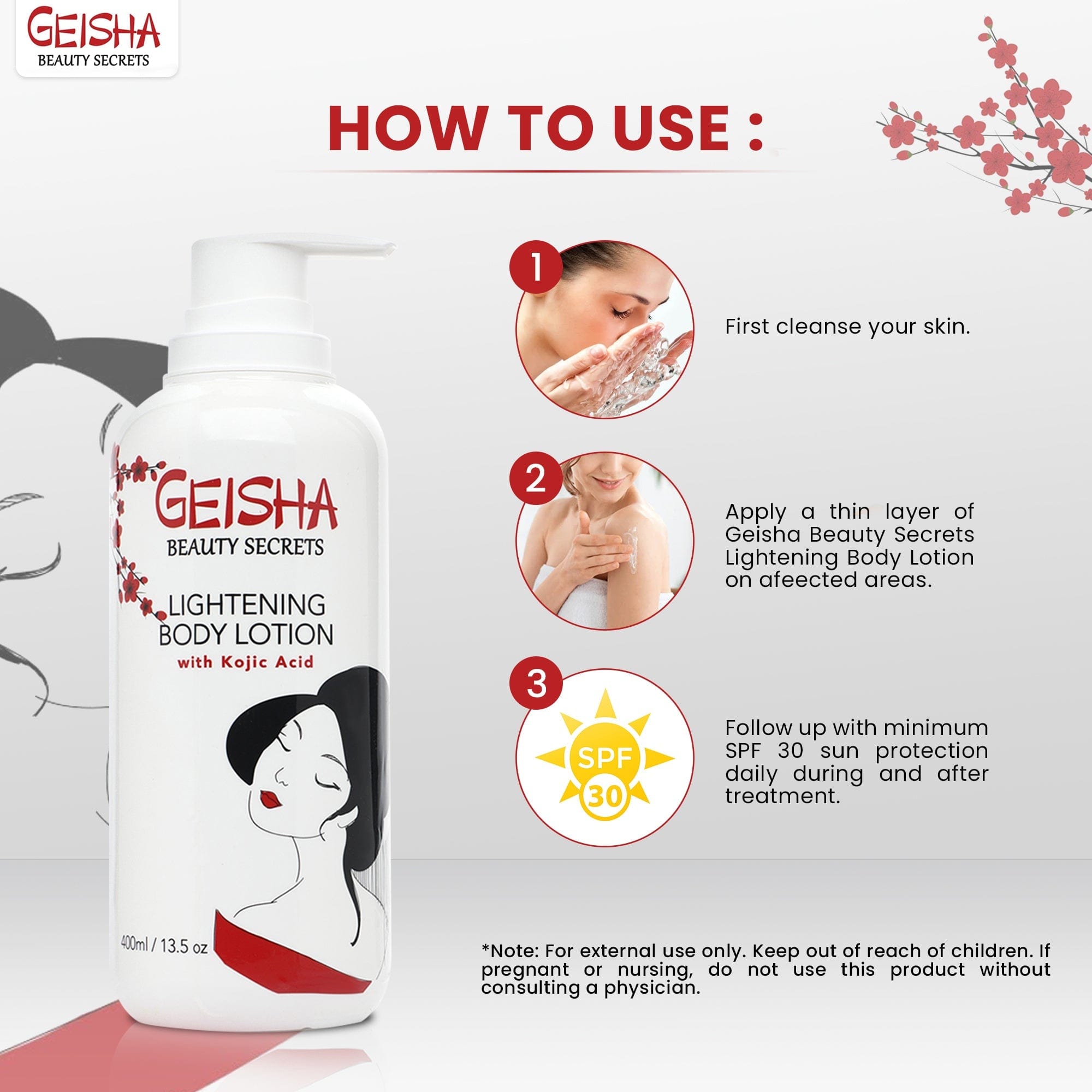 Geisha Beauty Secrets Loción Corporal Aclarante con Ácido Kójico - 400ml / 13 fl oz Mitchell Brands - Mitchell Brands - Aclaramiento de la piel, aclarar la piel, desvanecer manchas oscuras, manteca de karité, productos para el crecimiento del cabello