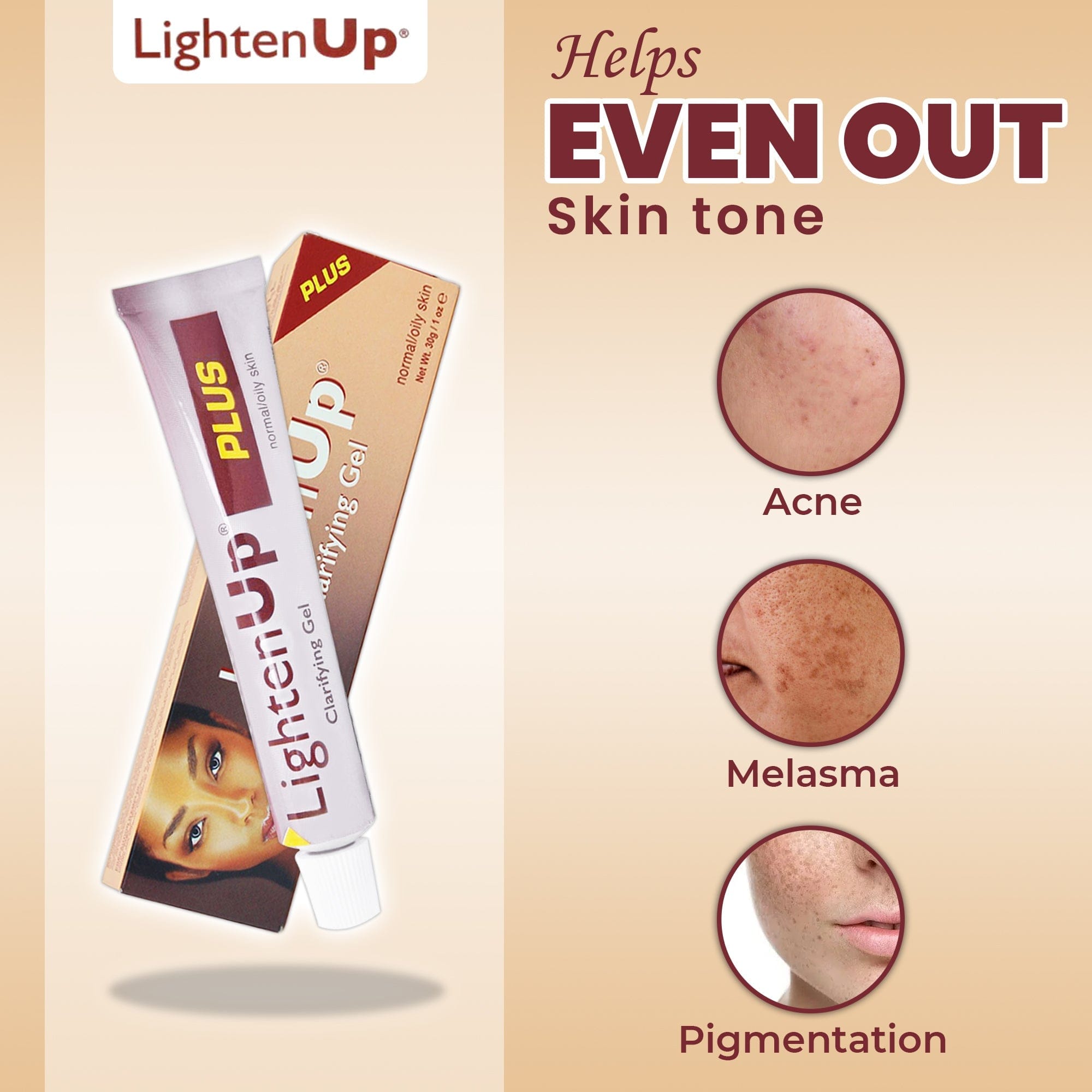 Omic LightenUp PLUS Clarifying Gel Tube - 30g / 1 Oz LightenUp - Mitchell Brands - Hautaufhellung, Hautaufhellung, Verblassen dunkler Flecken, Shea Butter, Haarwuchsmittel