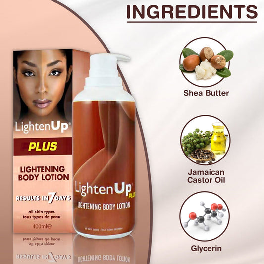 Omic LightenUp PLUS Loción Corporal Aclarante - 400ml LightenUp - Mitchell Brands - Aclarar la piel, aclarar la piel, desvanecer manchas oscuras, manteca de karité, productos para el crecimiento del cabello