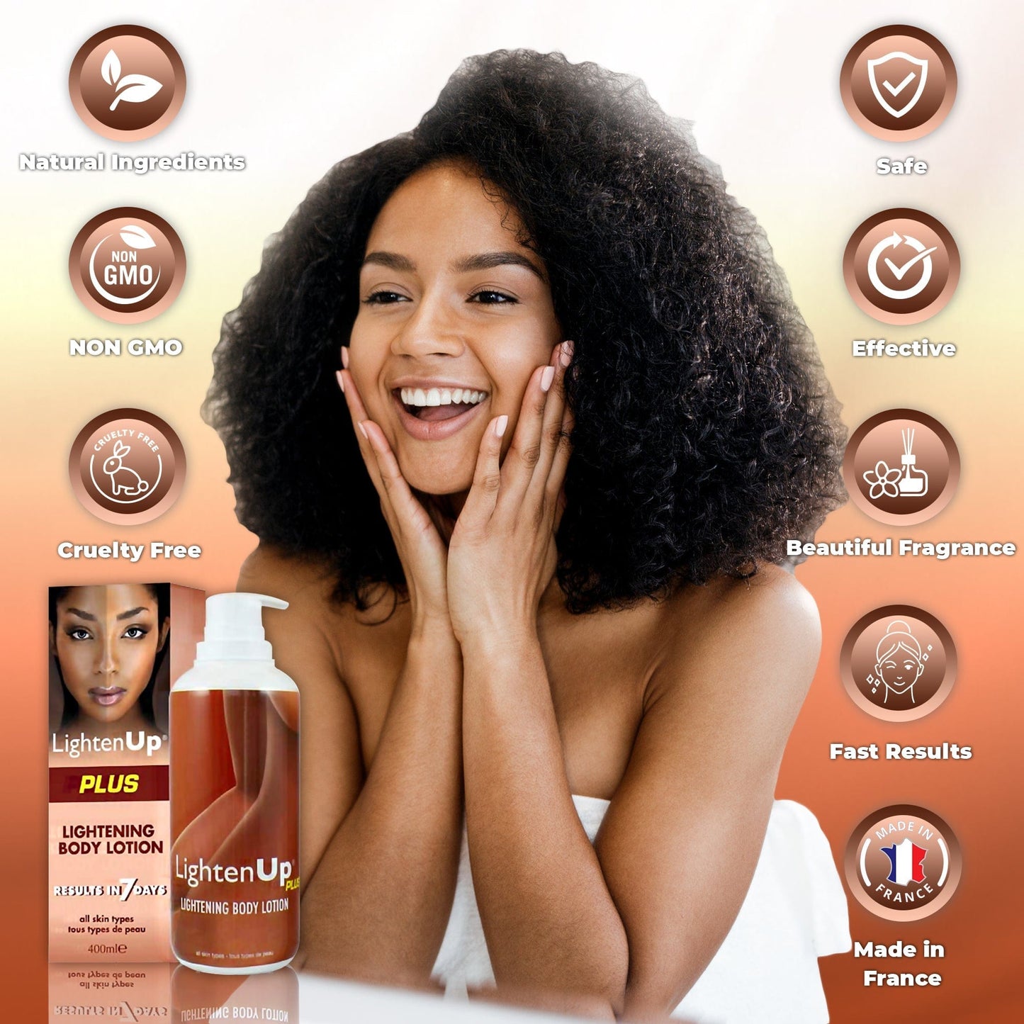 Omic LightenUp PLUS Loción Corporal Aclarante - 400ml LightenUp - Mitchell Brands - Aclarar la piel, aclarar la piel, desvanecer manchas oscuras, manteca de karité, productos para el crecimiento del cabello